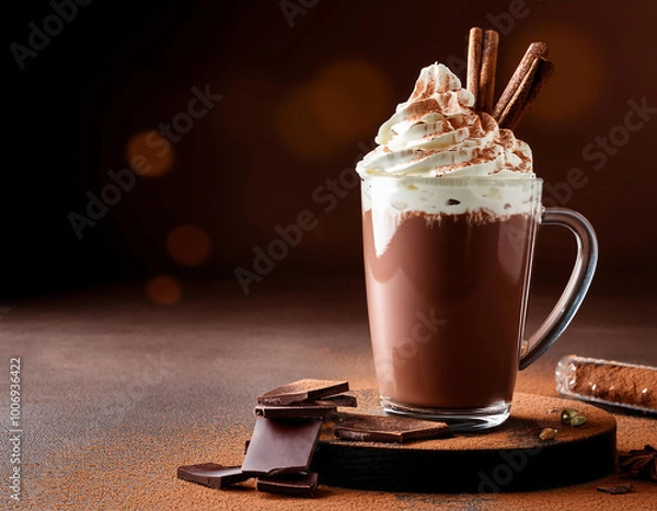 Fototapeta Hot chocolate with whipped cream, cinnamon sticks and chocolate chips on brown background