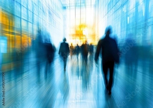 Fototapeta Blurry silhouettes of people walking through a modern, brightly lit corridor, creating a dynamic sense of motion and urgency, ideal for illustrating business rush, daily commute, or urban life themes