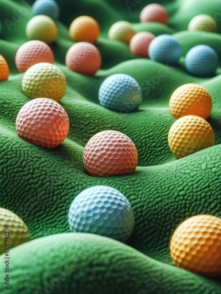 Fototapeta A close up of a bunch of golf balls on a green cloth