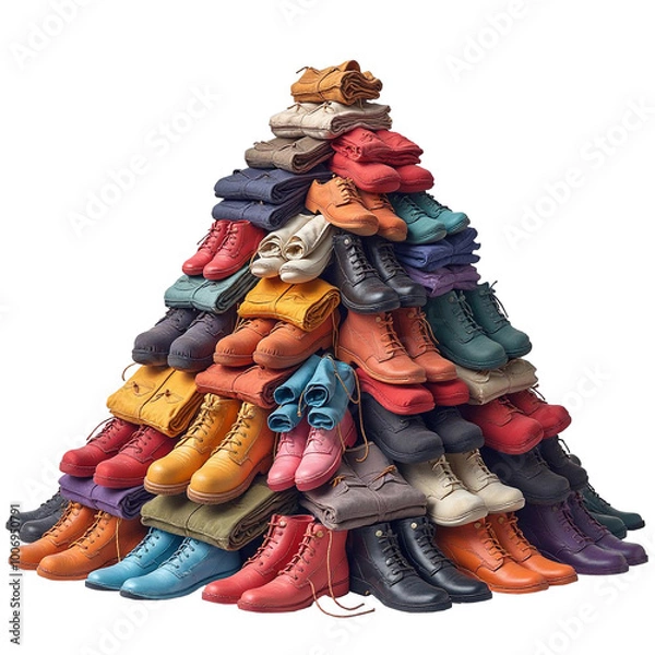 Fototapeta Pile of different colored shoes. The concept of recycling and sorting things