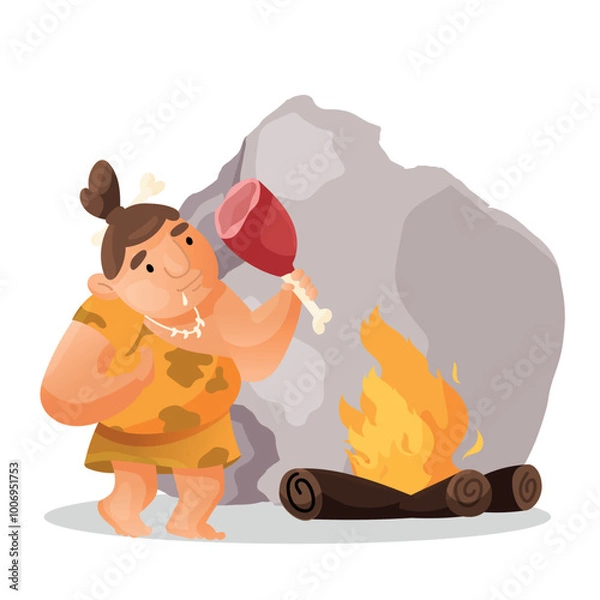 Fototapeta prehistoric woman eats a ham near a built-up fire by a rock. A caveman eats near a flame. Funny vector cartoon image in flat style