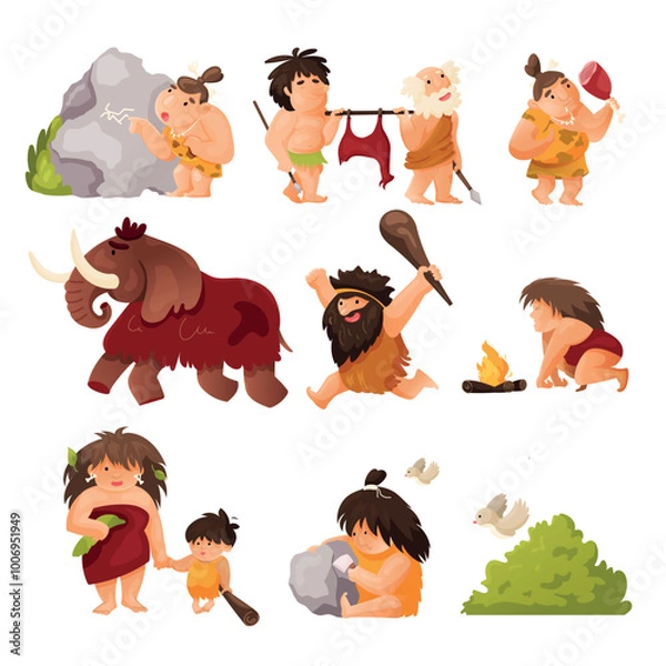 Fototapeta Prehistoric Characters Set. Cavemen in everyday life. Neanderthal men and women cooking, hunting mammoth, making fire, rock painting, stone crafting, etc. Funny cartoon characters in vector flat style