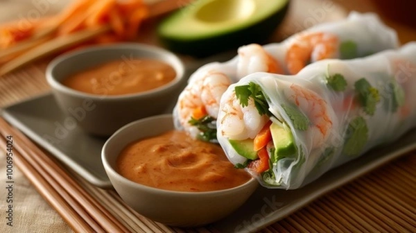 Fototapeta Fresh Vietnamese rice paper rolls are filled with vibrant vegetables, shrimp, and avocado slices, presented elegantly on a bamboo mat with dipping sauces