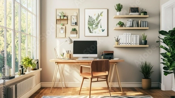 Fototapeta Modern home office setup with a computer, desk, and decor, bathed in natural light, creating a minimalist and productive work environment.