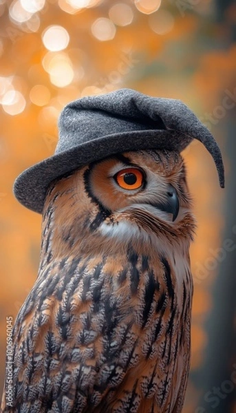 Fototapeta Rear view of an owl in a wizard hat, Capturing whimsical essence with magical setting