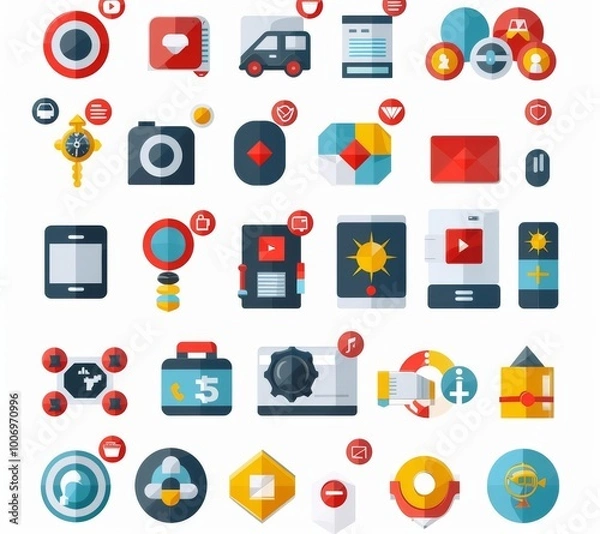 Fototapeta 280 FLATStart with Flat icons, collection of flat vector icon set for web and mobile app design. Vector illustration", front view, white background , red border on the top left corner, png transparent