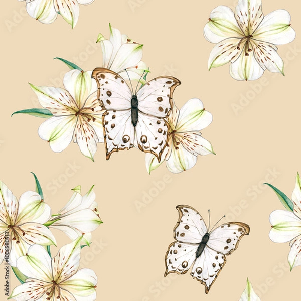 Obraz Watercolor seamless pattern with white flowers and Butterflys. Vintage background with composition of Lilies. Floral botanical illustration for textile, scrapbooking paper, stationery design