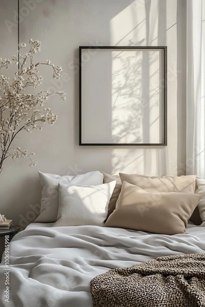 Obraz A tranquil bedroom scene featuring neutral colors, soft pillows, and natural light casting shadows on the wall.