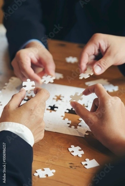 Fototapeta Collaborate between Professional Businessman and Partnership. Group of Business people holding piece of jigsaw puzzle to solution problem during brainstorming meeting -vertical image.