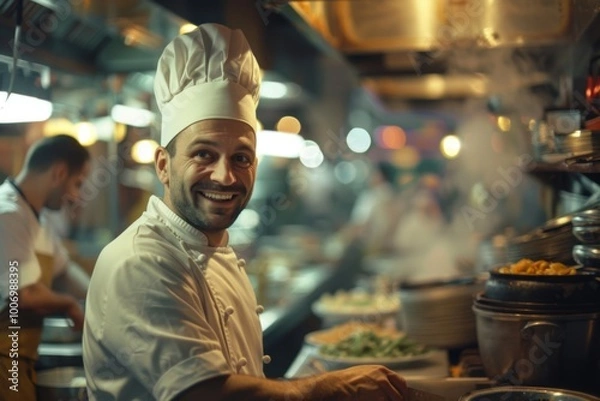 Obraz Portrait of a smiling chef in busy restaurant