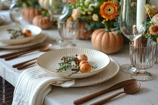 Obraz Beautiful tablescape setup for thanksgiving day in restaurant.