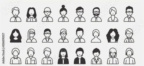 Obraz 30 minimalistic vector icons in a set of business people, a web monoline icon set with thick black outlines and a white background, using a single color background, in a modern solid style with single