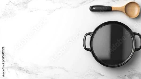 Fototapeta A cooking pot rests on a sleek black hob amidst natural light, showcasing a stylish modern kitchen counter adorned with wooden utensils for culinary creativity