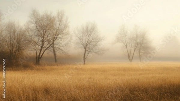 Obraz A serene autumn scene enveloped in mist, featuring bare trees and a field of golden grass under a soft, diffused light.