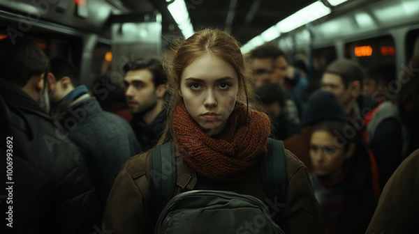 Fototapeta a Woman on a Crowded Subway Full of People
