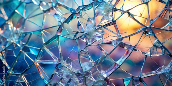 Fototapeta Shattered Glass Abstract: A close-up abstract view of shattered glass reflecting the colors of the setting sun. The intricate pattern of cracks and shards creates a mesmerizing visual effect.