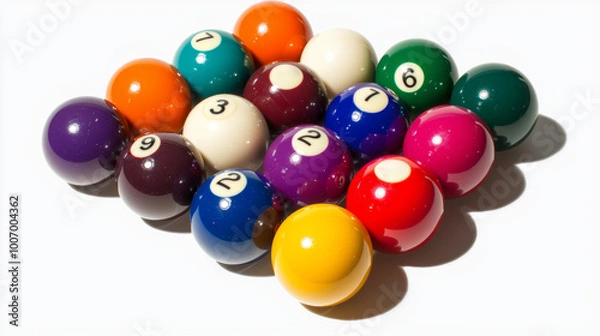 Fototapeta Colorful billiard balls are neatly arranged in a triangle on a white surface showcasing their glossy finish and numbered design under soft overhead lighting.