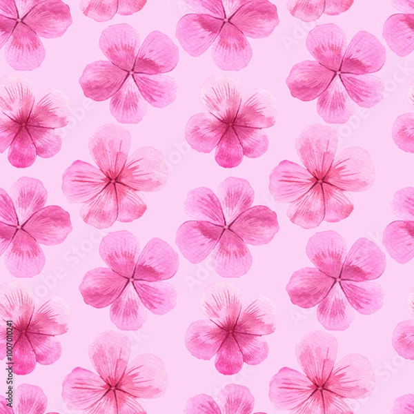Fototapeta Watercolour pink delicate flowers illustration seamless pattern. On pink background. Hand painted floral flower. Drawn Botanical. Summer, spring vibes print. For fabric, wallpaper, wrapping.