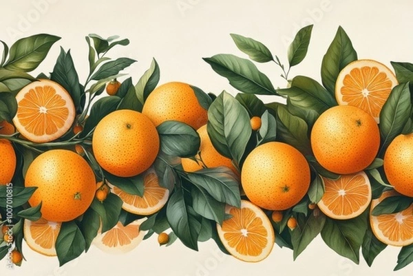 Obraz fruit border pattern, seamless tangerine harvest border design with clusters of oranges and leaves for a decorative pattern