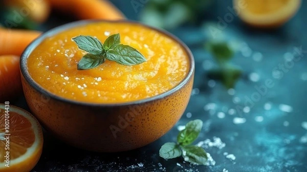 Fototapeta Carrot and Orange Soup with Mint Garnish