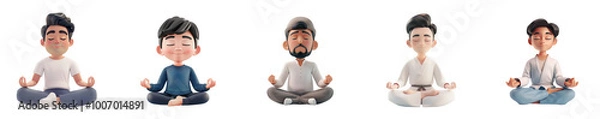 Fototapeta  Asian man mascot meditating, 3D cartoon illustration, isolated on transparent background, cute animated style, beautiful colors, generative ai