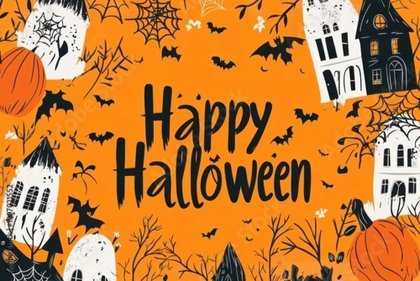 Fototapeta Halloween-themed background with spooky elements like pumpkins, spider webs, and a haunted house silhouette Black text "Happy Halloween" Generative AI