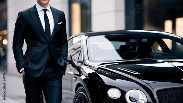 Fototapeta Professional Photograph of a Well-Dressed Man in a Tailored Black Suit Next to a Sleek Black Luxury Car, Set in a Blurred Urban Background, Emphasizing Sophistication and Upscale Lifestyle