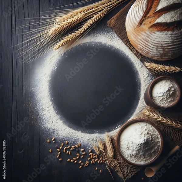Fototapeta Custom 1. Baking Bread With Flour and Wheat Sprouts on a Dark Wood Background