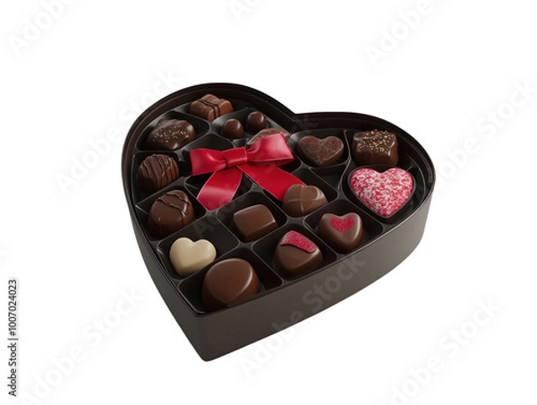 Obraz Heart-shaped box filled with assorted chocolates, decorated with a red bow, white background.   PNG transparent.