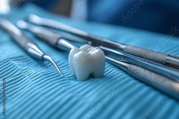 Fototapeta Detailed close-up of a tooth extraction, focusing on surgical instruments gently removing a problematic tooth.