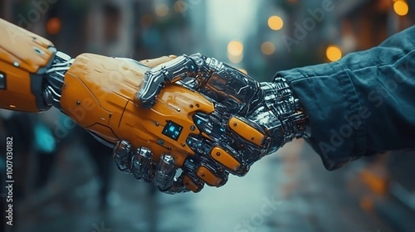 Fototapeta  Robot hand shaking with a human: a symbol of future business cooperation. Combining artificial intelligence and human touch for technological evolution. 