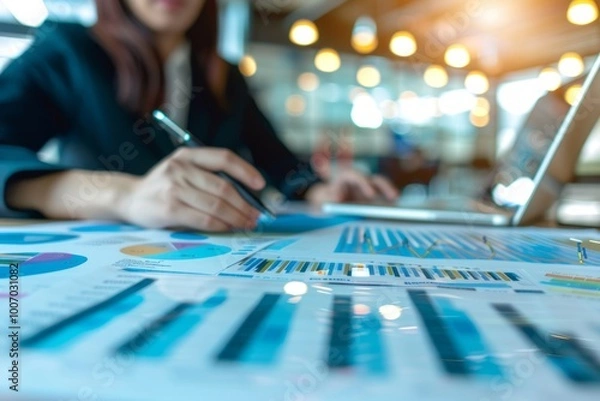Fototapeta Business Analyst: Feasibility studies for new market entry, cost-benefit analysis of online versus brick-and-mortar, strategic planning for growth. , background blur