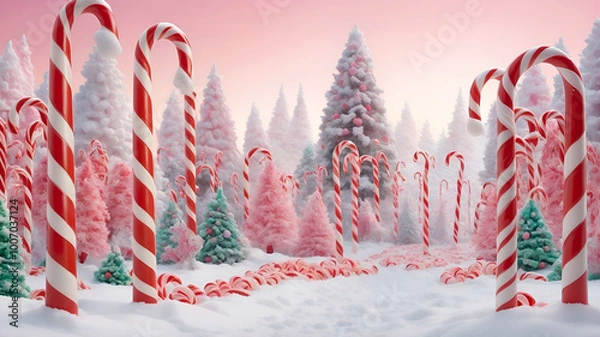 Fototapeta A vibrant red and white striped candy cane forest, with giant candy canes towering like trees
