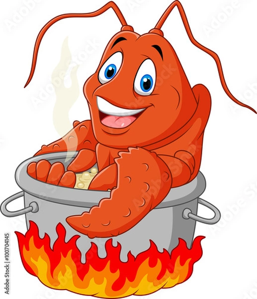 Obraz Cartoon Funny Lobster jest gotowany na patelni
