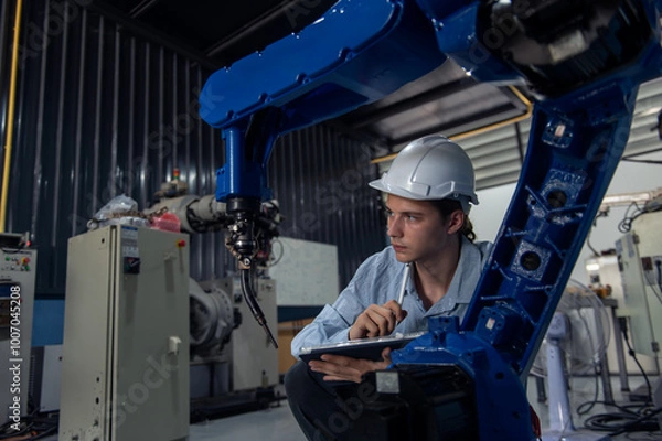 Fototapeta Engineer standing by robotic arm and operating machine in industry factory, technician worker check for repair maintenance electronic operation