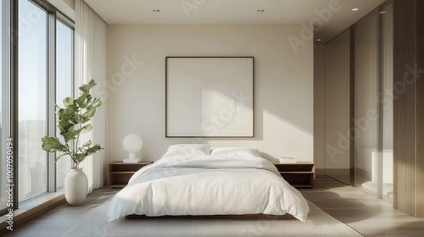 Fototapeta Clean and simple minimalist bedroom with a white duvet cover, minimalist artwork, and large windows
