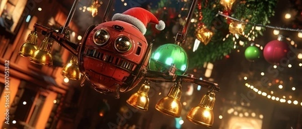 Fototapeta A robot with a Santa hat is hanging from a Christmas tree
