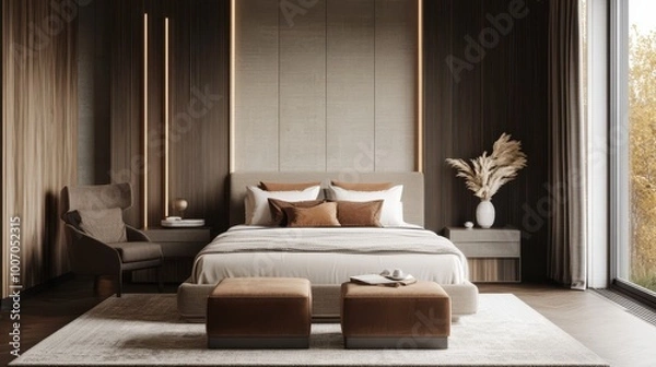 Fototapeta Cozy modern bedroom with a minimalist design, featuring neutral colors and sleek furniture
