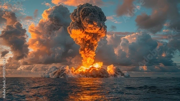 Obraz Nostalgic Science Experiment, exploring the impact of nuclear tests on ocean environments, highlighting historical events and their implications for marine ecosystems.