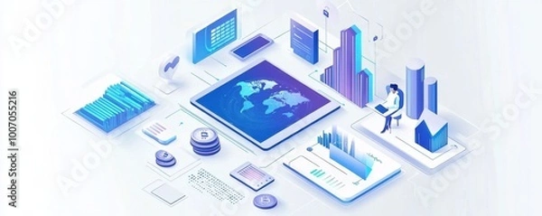 Fototapeta Digital illustration depicting global financial technology with futuristic elements on a white background with blue and purple isometric design