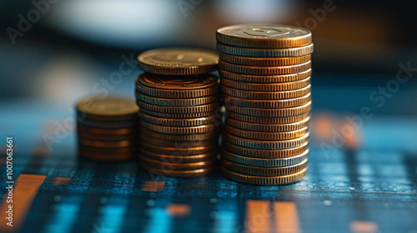 Fototapeta A stylized stack of coins rising on a bar graph, representing capital accumulation and wealth creation.