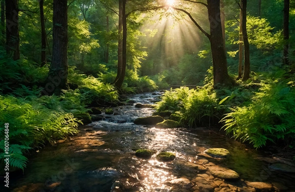 Obraz The sun's rays illuminate the forest river