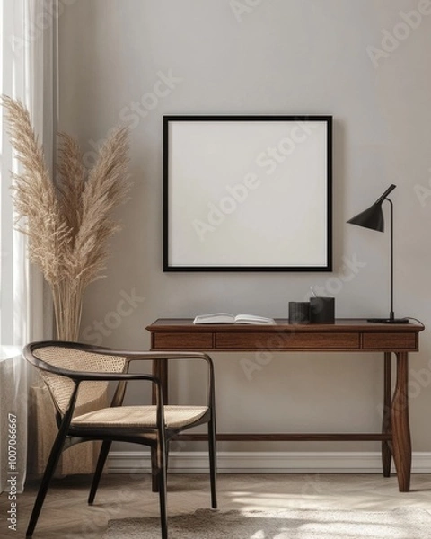 Fototapeta Minimalist Living Room Interior with Poster Frame on Working Table