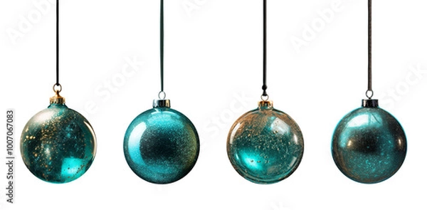 Obraz Christmas ball tree baubles in various turquoise green colors, glitter surface, glass on transparent background cutout. PNG file. Mockup template for artwork design.