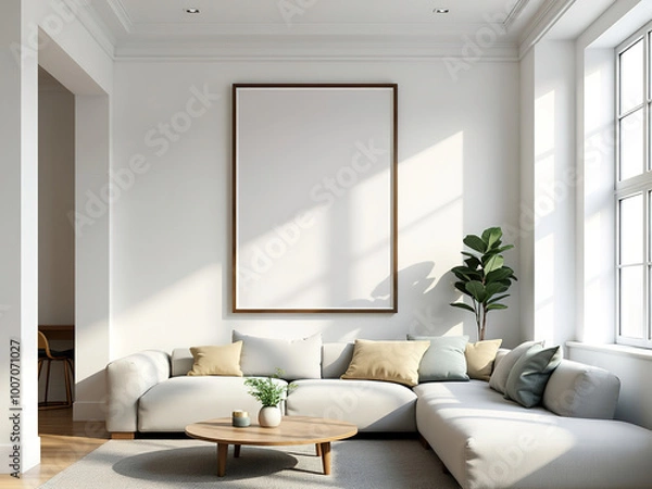 Fototapeta Elegant Mockup Frame Displayed in a Bright Modern Interior: Contemporary White Room with Stylish Furniture and 3D Rendered Artwork for Home Decor Inspiration