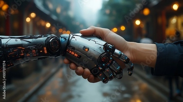 Fototapeta  Robot hand shaking with a human: a symbol of future business cooperation. Combining artificial intelligence and human touch for technological evolution. 