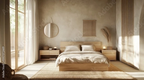 Fototapeta Minimalist bedroom with light wood furniture, neutral walls, and plenty of natural light