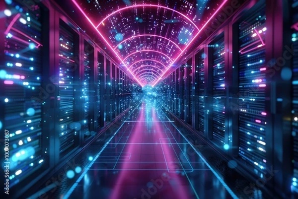 Obraz A long hallway filled with rows of servers and neon lights in a data center