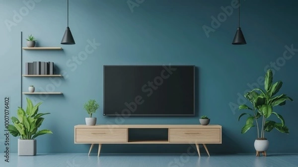 Fototapeta Minimalistic Industrial Living Room Interior with TV and Cabinet on Blue Wall Background