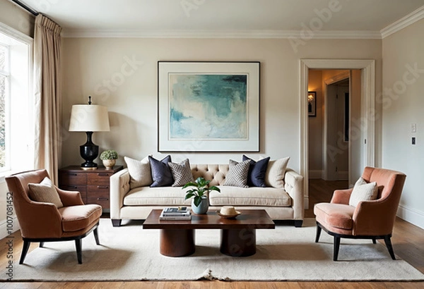 Fototapeta Elegant living room interior with neutral color palette sofa armchairs coffee table lamp and abstract painting on the wall